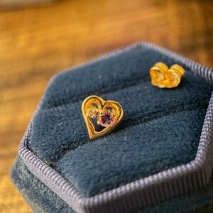 Vintage real diamond 14k solid yellow gold purple stone heart stud earring
